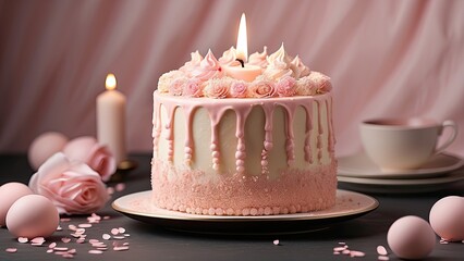 Yummy birthday cake with candles on pastel pink background. Party birthday concept.