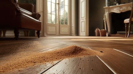 A parquet floor with wood powder scattered around, indicating termite activity.