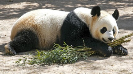 A giant panda lounging on the ground, munching on bamboo, with a serene natural habitat in the background