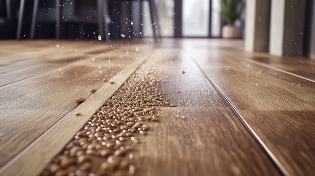 A parquet floor with scattered termite droppings and fine dust along the edges.