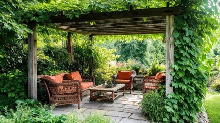 Relaxing patio with wicker furniture under a vine-covered pergola.