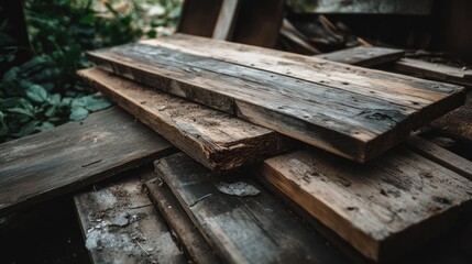 A pile of discarded wooden planks with signs of wear and damage.