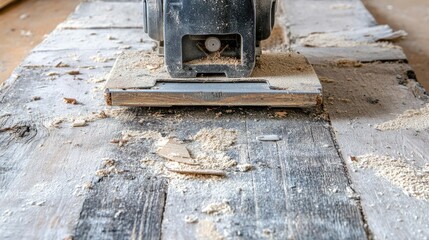A power saw making a clean, straight cut through a damaged wooden plank.