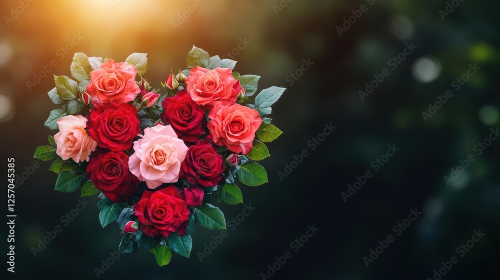Poster heart shape created with red and pink roses on a white background for romantic themes
