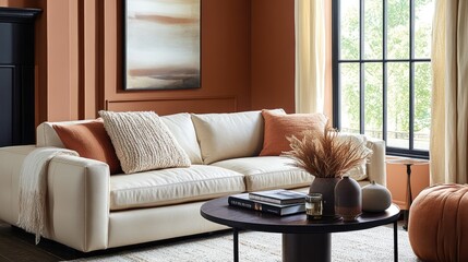 Fototapeta premium A renovated living space featuring stylish Peach Fuzz walls with subtle patterns.