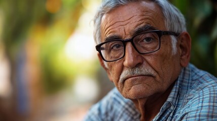 Senior man with glasses in contemplative portrait. Ideal for healthcare, retirement planning, or aging with dignity themes.