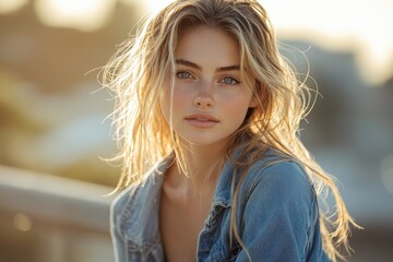 Happy young woman traveler in denim jacket sitting on railing using smartphone and camera in urban city