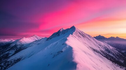 Stunning mountain landscape at sunset, featuring vibrant colors and snow-capped peaks under a dramatic sky.