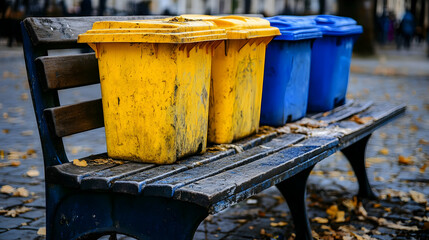 City park bench with recycling bins