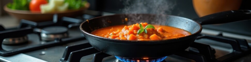 Cast iron skillet on gas stovetop, simmering sauce, gas, sauce, skillet
