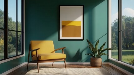 Stylish living room featuring a yellow chair, green wall, modern art, and natural light streaming through large windows.