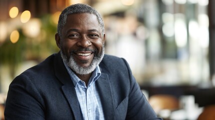 Cheerful mature African American professional in business setting. Ideal for corporate success, leadership, or workplace diversity themes.