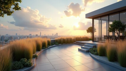 Fototapeta premium Modern urban rooftop terrace with ornamental grasses, lounge seating, and city skyline view 