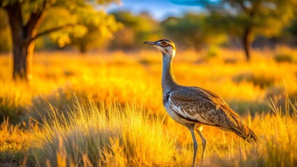 Majestic Bird Standing in Golden Grassland at Sunrise in Nature