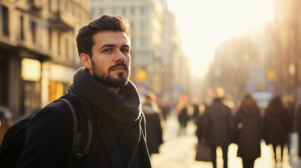 Fototapeta premium Young professional in winter wear on city street. Perfect for urban lifestyle, winter fashion, or city commute themes.