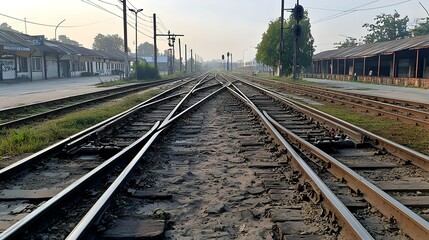 Obraz premium Train Tracks Intersection In Rural Area