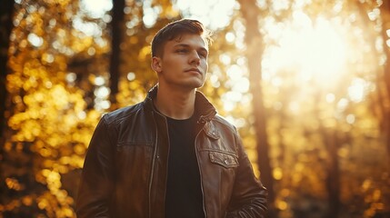 Fototapeta premium Young man in leather jacket against autumn forest. Perfect for casual fashion, seasonal style, or outdoor lifestyle themes.