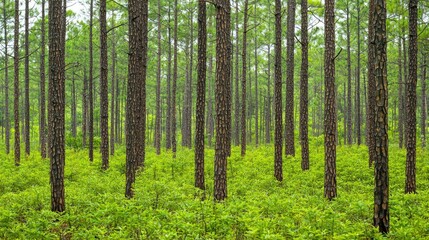 Naklejka premium Lush green forest with tall pine trees, showcasing vibrant undergrowth and serene atmosphere
