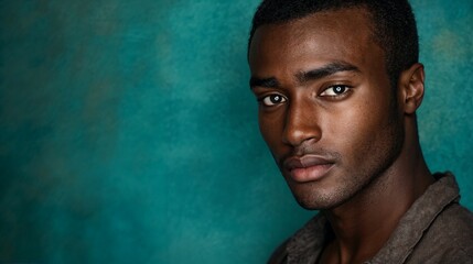 African American man in dramatic portrait against teal background. Perfect for artistic photography, modern portraiture, or fashion editorial themes.