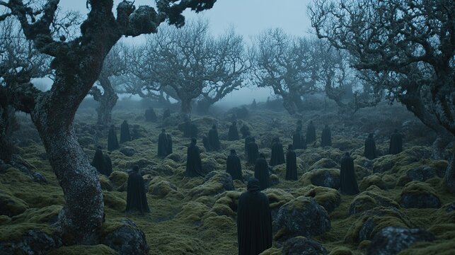 Foggy forest, hooded figures gather, mystical ritual