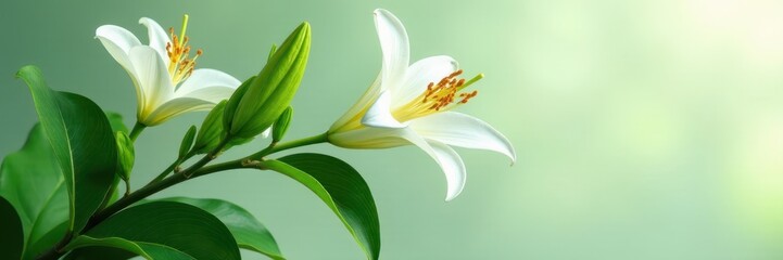 Elegant lily branch with lush green leaves, isolated , image, botanical