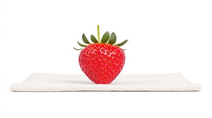 Fresh, ripe strawberry placed on a clean white napkin, highlighting its vibrant color and texture