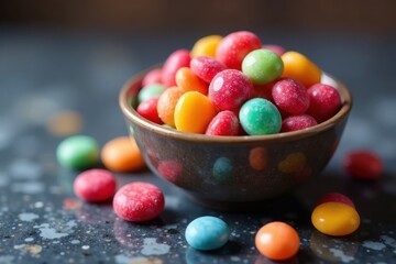 Gleaming hard candies in a stylish bowl, rich marble texture , candies, sweet treat