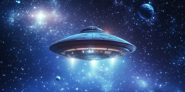 A futuristic spacecraft exploring distant planets glowing stars and distant galaxies advanced technology and cosmic environment