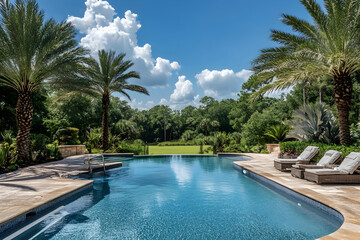 A sweeping view of the infinity pool at a luxury Florida hotel, with palm trees lining the edge and lounge chairs scattered around, all set against a beautiful tropical backdrop.