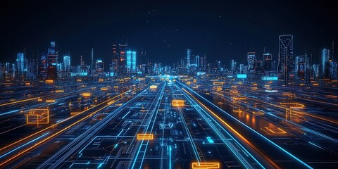 A futuristic smart city at night illuminated by neon lights and advanced technology