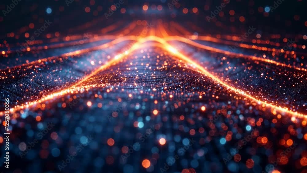 Poster glowing neon waves creating dynamic patterns across dark abstract surface
