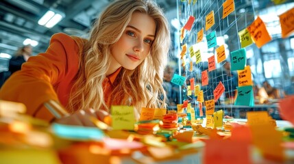 Fototapeta premium woman in orange jacket is surrounded by colorful sticky notes on transparent board, brainstorming ideas in modern office setting