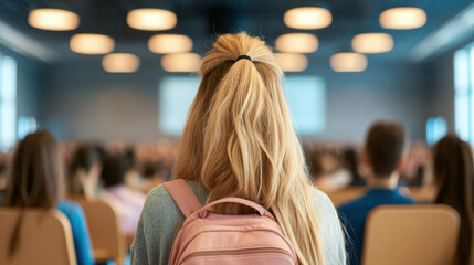 Happy Student Returning to University for a New Semester. A student with a backpack attends a lecture in a modern classroom.