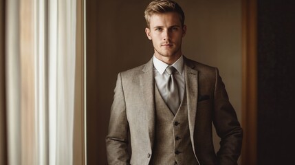 Young professional in three-piece suit. Suitable for formal style, business excellence, or modern sophistication themes.