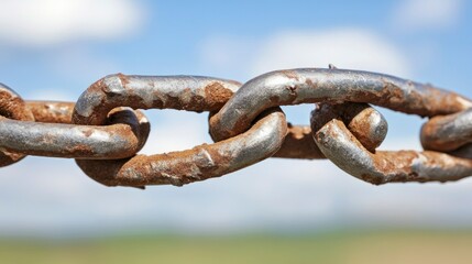 Fototapeta premium Rusty Chain Link Close-up Against a Blurred Sky Background