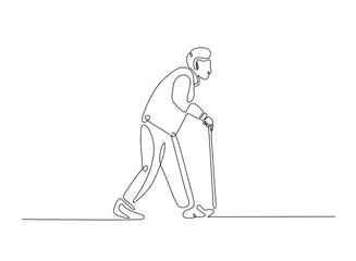 Old man walking with walking cane in continuous one line drawing. Elderly with walking cane line draw. Editable vector.