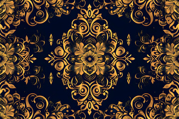 Golden floral damask pattern, ornate design, dark background, textile print