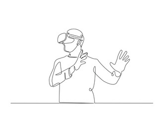 Young man wearing 3d or VR glasses in continuous one line drawing. Digital virtual reality concept line draw. Editable vector.