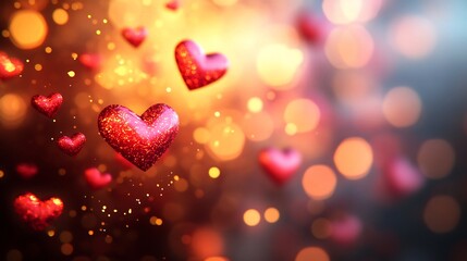 Obraz premium Romantic Red Hearts Softly Falling Warm Light. AI Generated