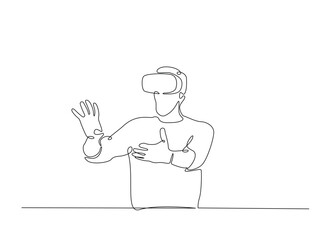 Young man wearing 3d or VR glasses in continuous one line drawing. Digital virtual reality concept line draw. Editable vector.