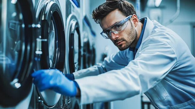 A technician in a lab coat operates a modern laundry washing machine.
