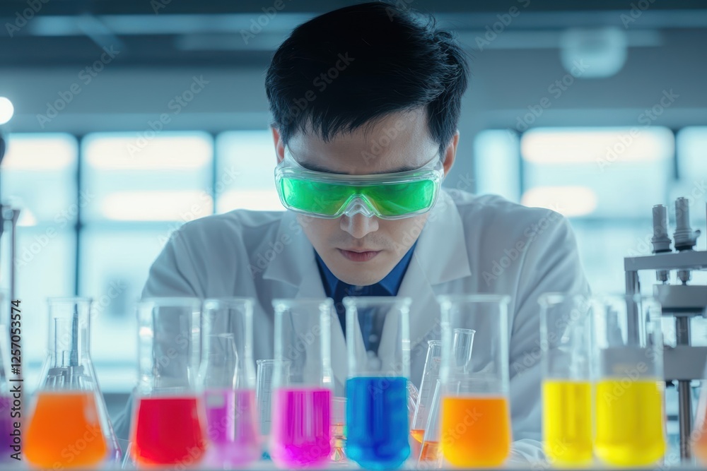 Poster man wearing lab coat and goggles conducting research in a laboratory setting with scientific equipme