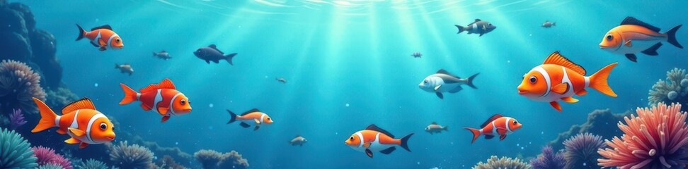 Fototapeta premium School of cartoon fish, various species, swirling in a clear blue ocean , children, royalty free, backdrop