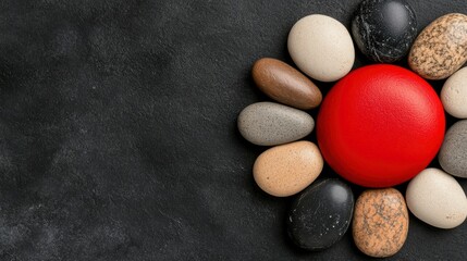 Red Circle Surrounded by Smooth Stones on White Background