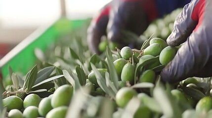 Olive harvest Gloved hands sorting green olives in a field crate