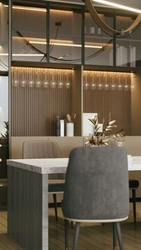 a modern kitchen space with soft lighting, elegant decor, and stylish glassware displayed on a sleek shelving unit, 3d rendering 4K video vertical.