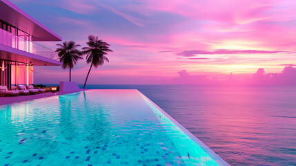 Fototapeta premium Sunset Paradise: A breathtaking view of a modern villa perched atop a cliff overlooking the ocean, where a shimmering infinity pool blends seamlessly with the fiery hues of the sunset.
