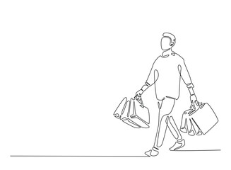 Fototapeta premium Young man carrying shopping bags in continuous one line drawing. Man holding paper bags for fashion and shopping concept line draw. Editable vector.