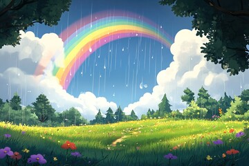Vibrant landscape featuring a rainbow arching over a lush green field after rain, with flowers