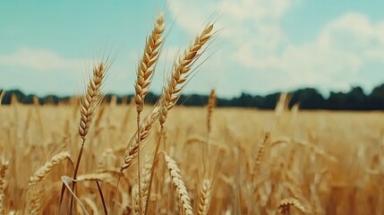 Golden wheat field swaying gently under a bright blue sky with fluffy clouds in the background